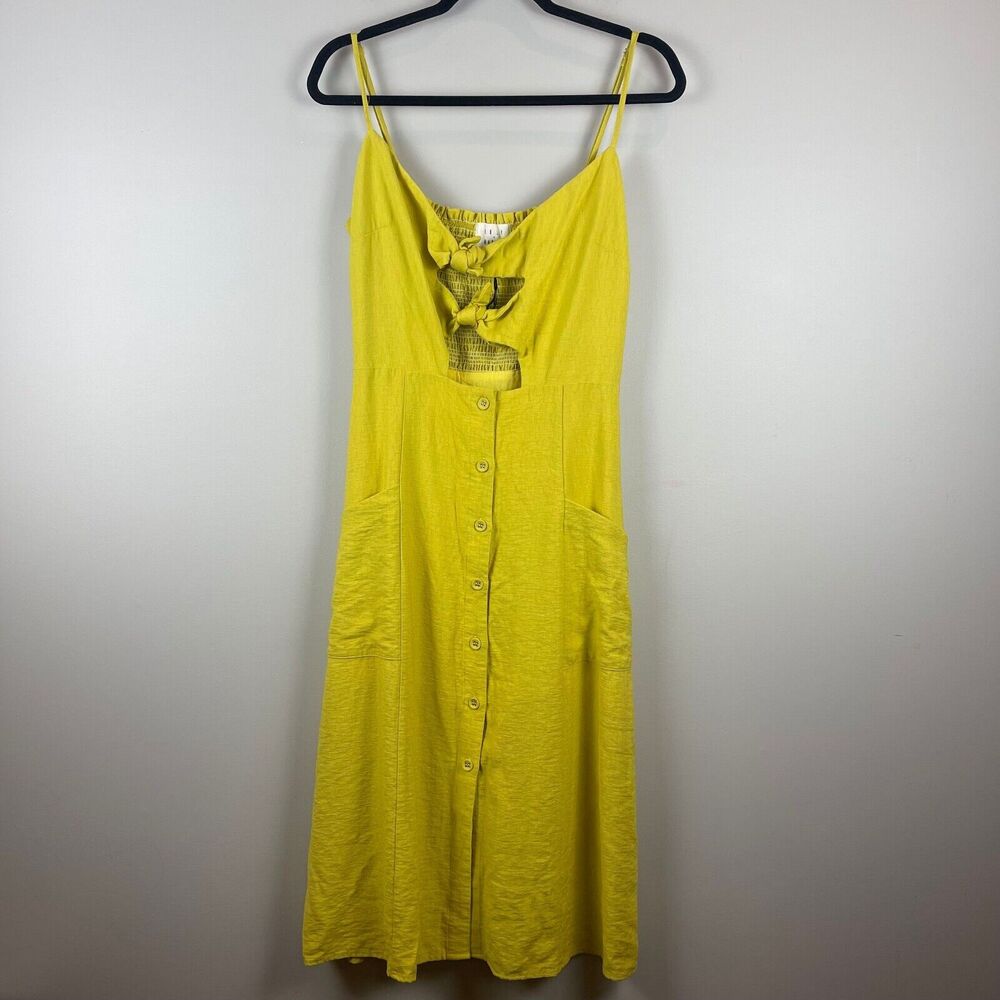 Lost Wonder Midi Dress Women's Medium Yellow Smocked Button Front Cut Out Beachy